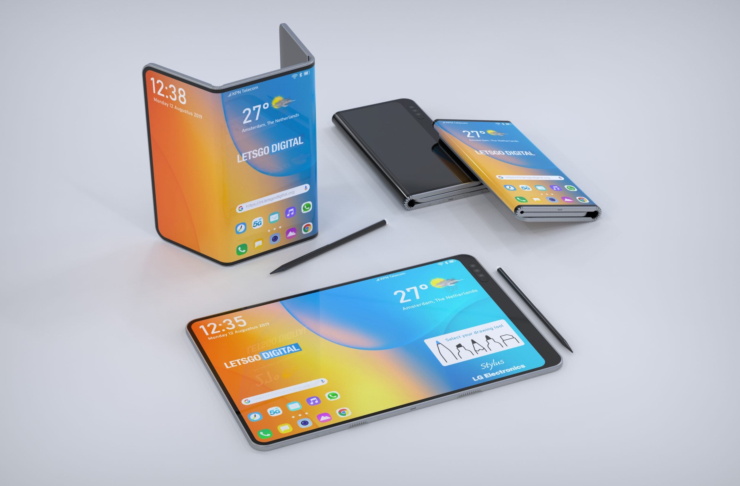 Nuove immagini dagli innovativi brevetti LG: uno smartphone che si piega in 3 (con stilo) e uno arrotolabile (foto)