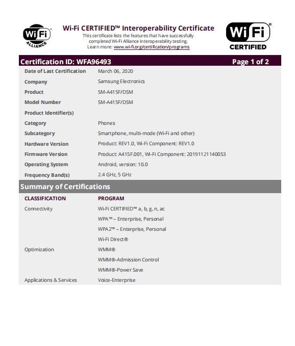 certificación wifi galaxy a41