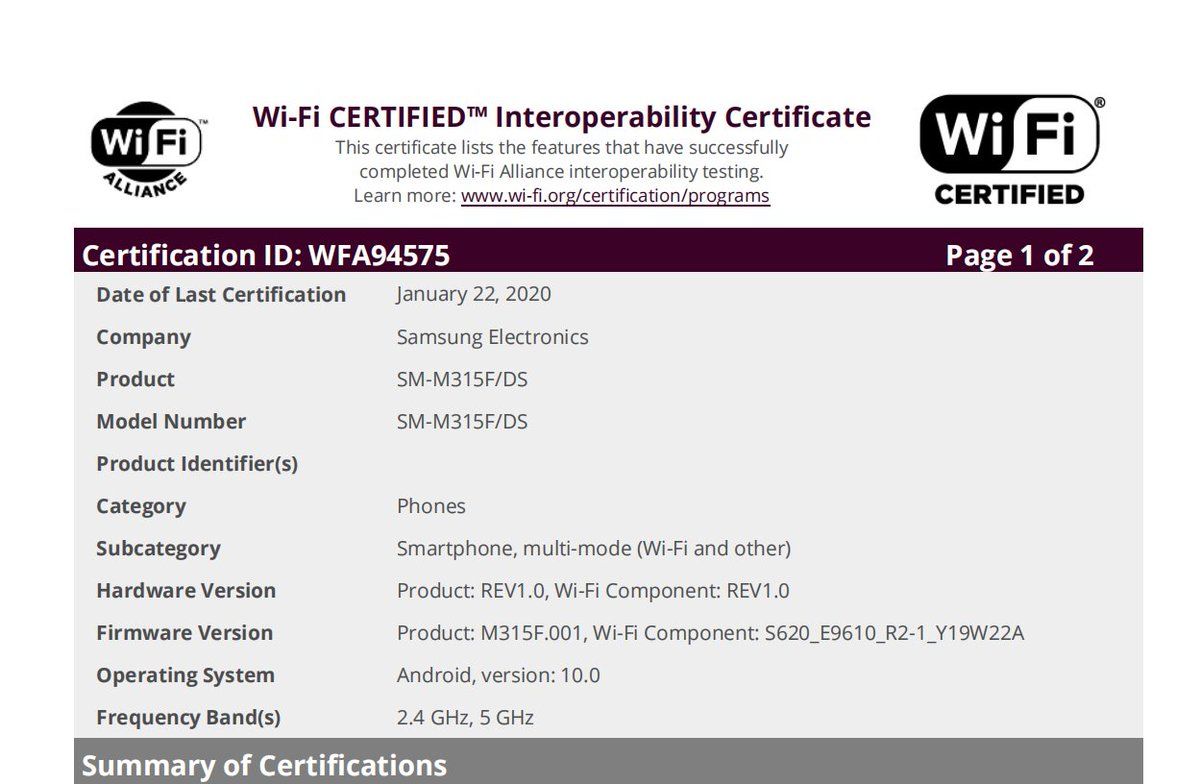 certificación wifi samsung galaxy m31