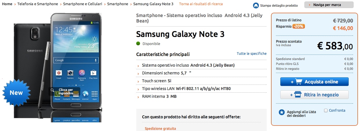 Samsung Galaxy Note 3 già a 583€ in garanzia italiana da MarcoPolo Expert (aggiornato: offerta finita!)