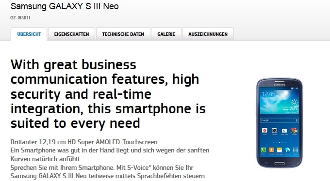 Samsung Galaxy S III Neo ufficiale in Germania