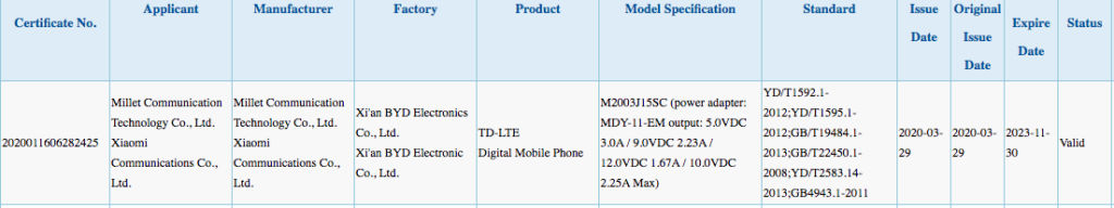 Xiaomi M2003J15SC-lijst op 3C