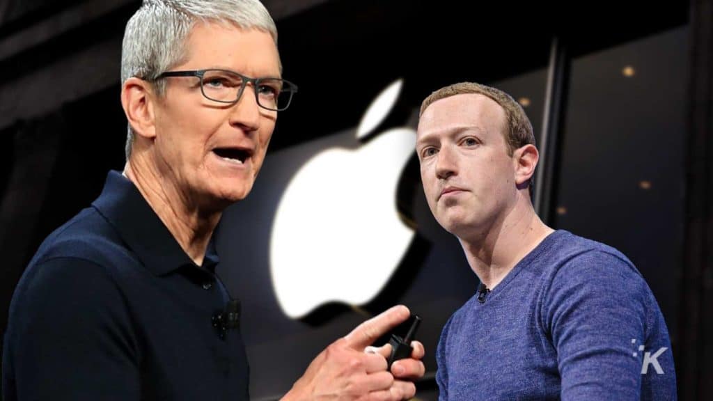 Tim Cook en Mark Zuckerberg voor het Apple-logo