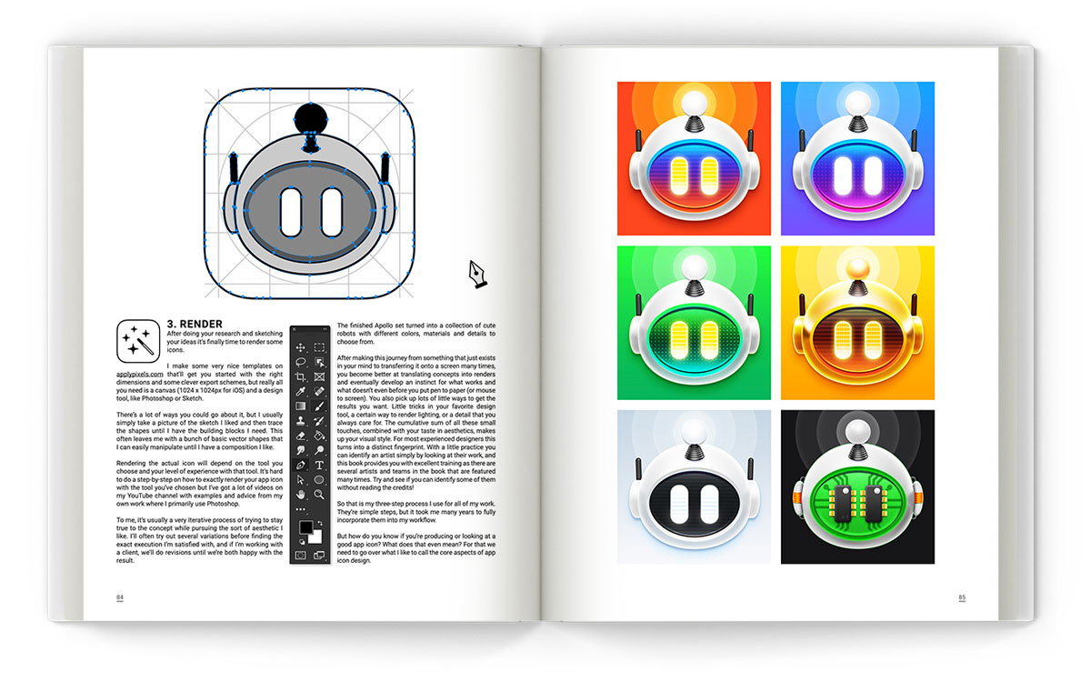 El diseñador crea un libro sobre los iconos de la aplicación iOS