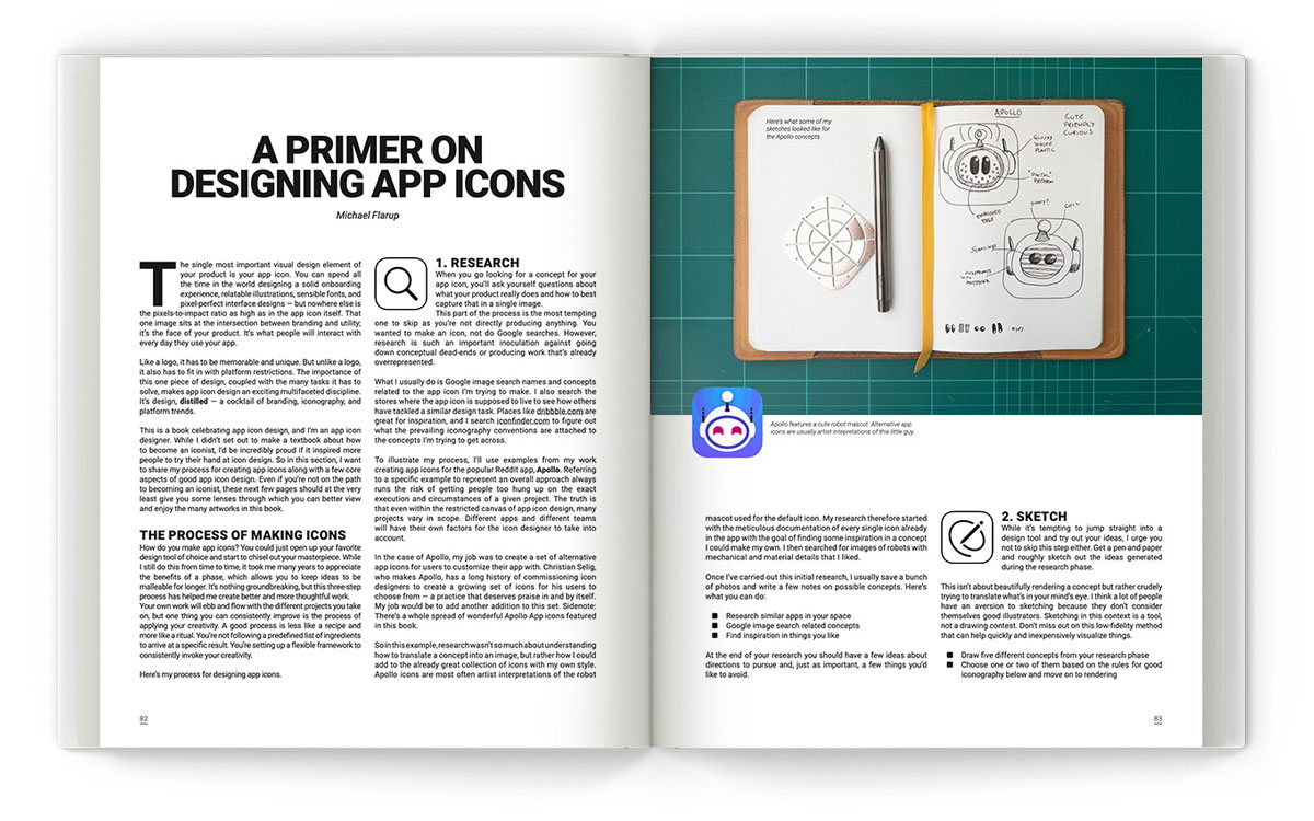 El diseñador crea un libro sobre los iconos de la aplicación iOS