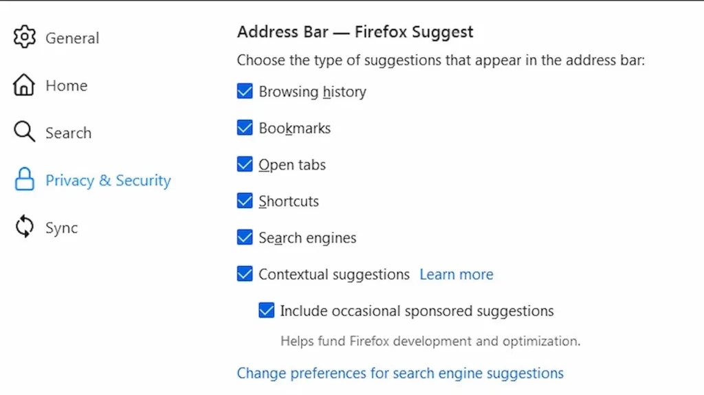 mozilla Firefox-instellingenmenu dat laat zien waar Firefox-suggesties kunnen worden uitgeschakeld