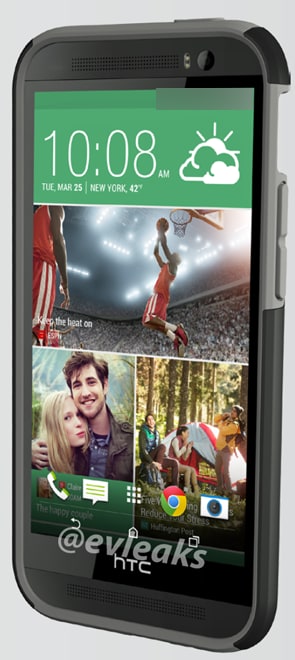 HTC One 2 si mostra in una immagine frontale con custodia