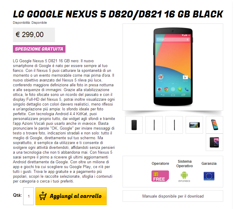 LG Nexus 5 nero 16 GB a 299€ su Gli Stockisti