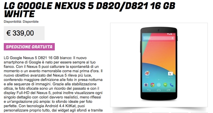Nexus 5 da 16 GB a 339€ da &quot;gli Stockisti&quot;