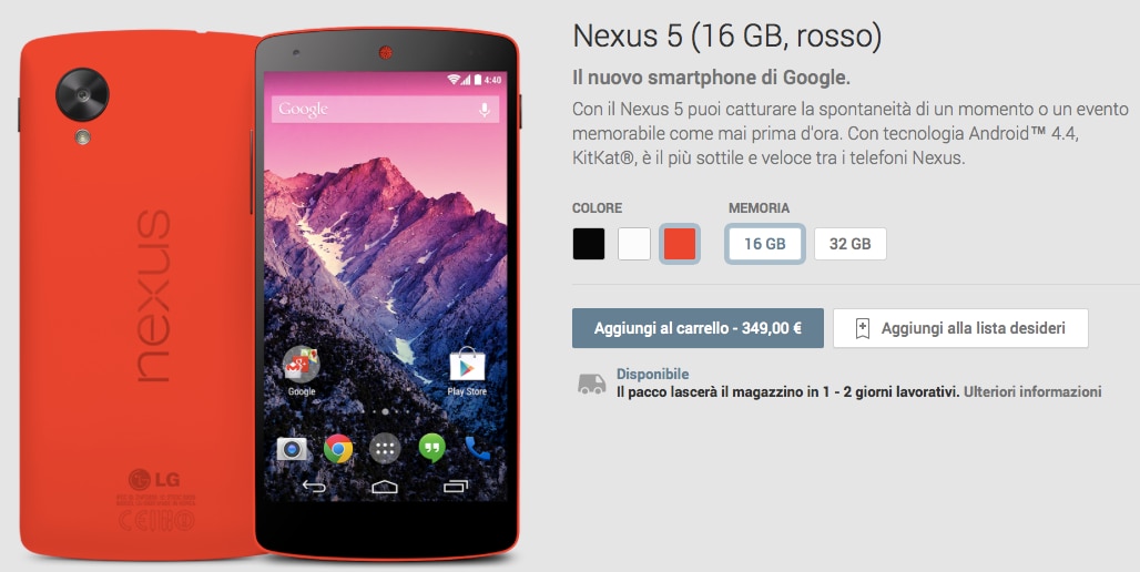 Nexus 5 rosso già disponibile in Italia su Google Play Devices (foto)