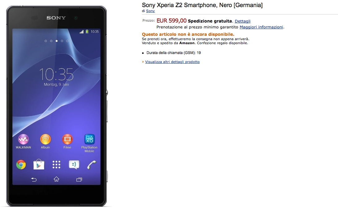 Sony Xperia Z2 en pre-pedido en Amazon.it por 599 € (importado desde Alemania)