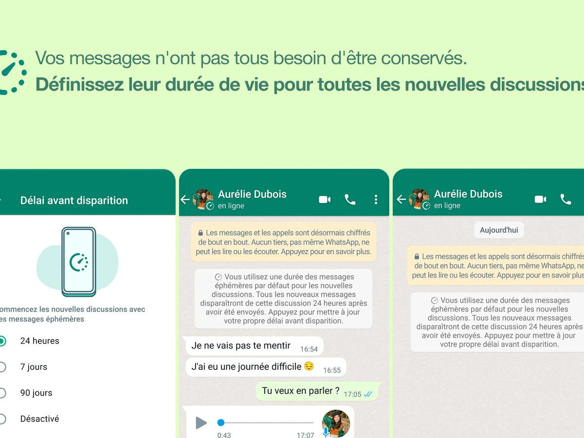 WhatsApp ofrece mensajes efímeros por defecto (24 horas, 7 o 90 días)