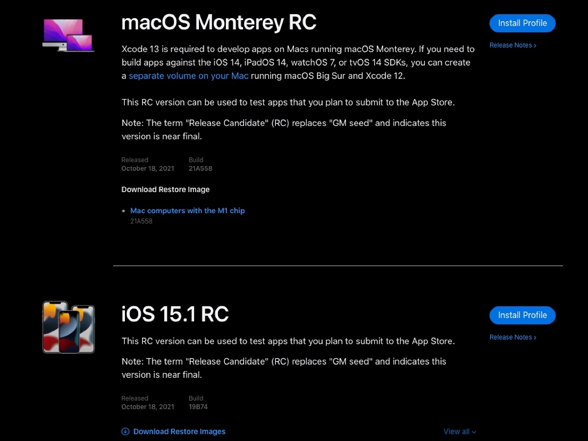 Una versión candidata para iOS / iPadOS / tvOS 15.1, watchOS 8.1 y macOS Monterey