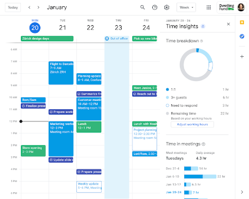 Ilustración: Google Calendar ofrecerá un recuento del tiempo invertido.  reunión en su página web
