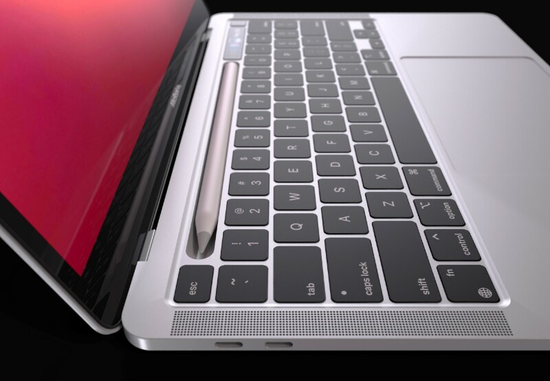 Ilustración: Concepto: una MacBook Pro con pantalla táctil y su Apple Pencil; en una patente de Apple