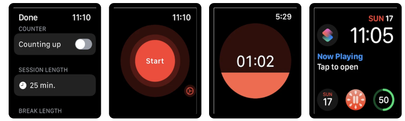 Ilustración: Apple Watch: la aplicación Pomodoreau -desarrollada por uno de nuestros lectores- permite trabajar según el método Pomodoro