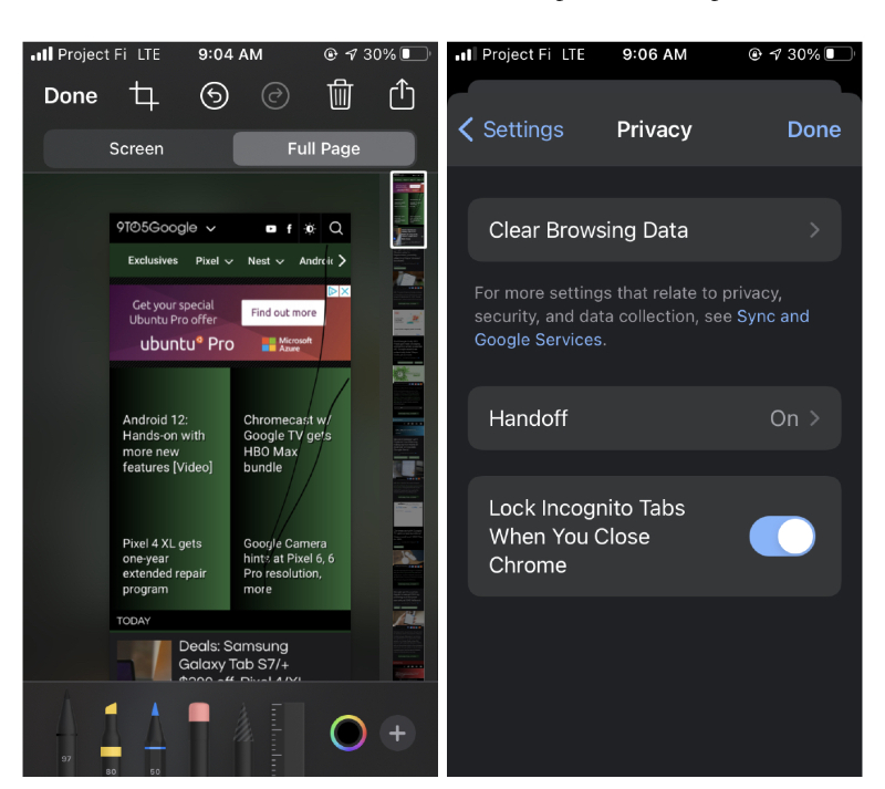 Afbeelding: Chrome 92 voor iOS: schermafbeeldingen en beveiliging op volledig scherm tijdens privénavigatie