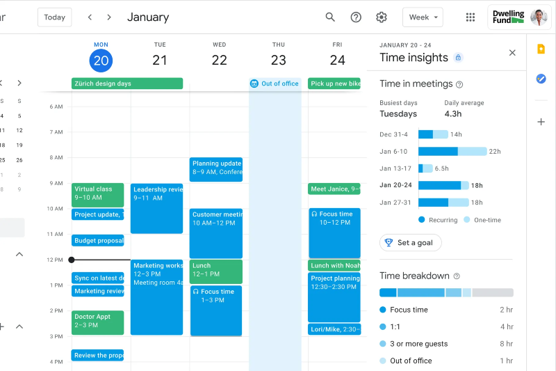 Illustratie: Google Agenda geeft een telling van de bestede tijd.  vergadering op uw website