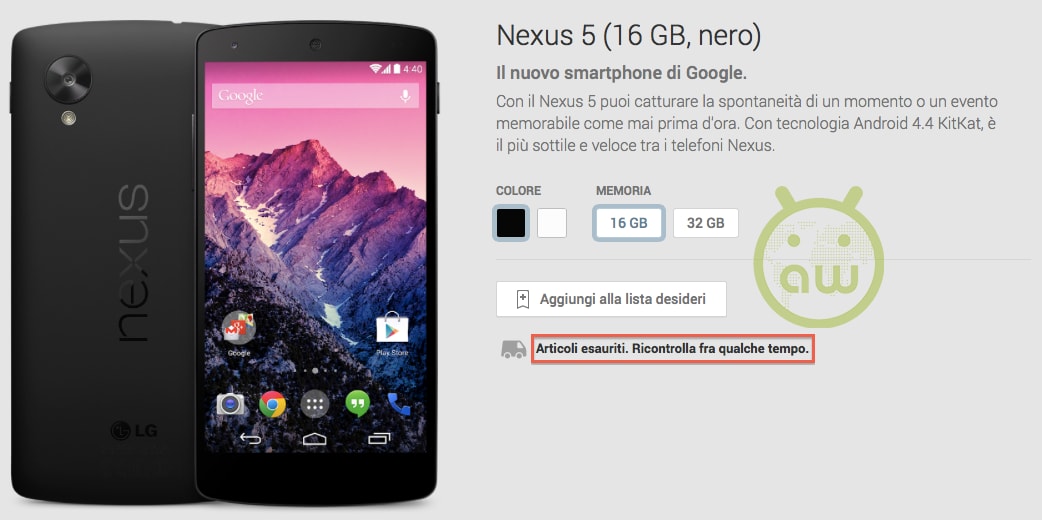LG Nexus 5 da 16 GB nero tutto esaurito su Google Play Device in Italia
