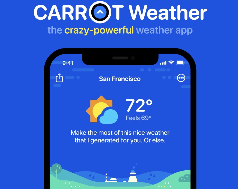 Ilustración: la aplicación CARROT Weather le permite grabar su propio informe meteorológico
