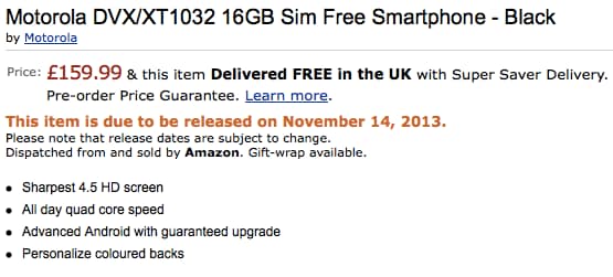 Motorola Moto G (DVX / XT1032) aparece en Amazon Reino Unido por £ 160 con disponibilidad el 14 de noviembre