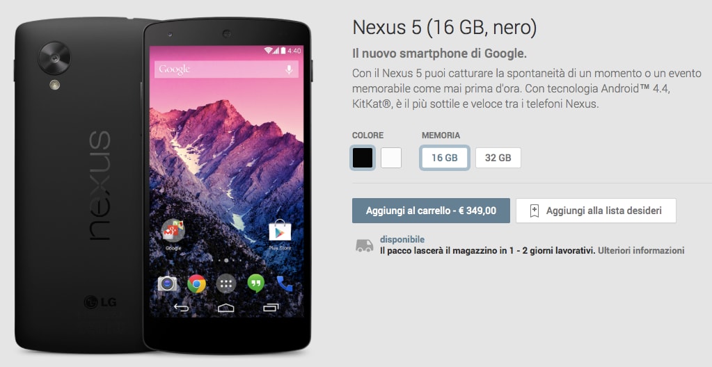 Nexus 5 da 16 GB nero nuovamente disponibile nel Play Store, con spedizione in 1-2 giorni lavorativi