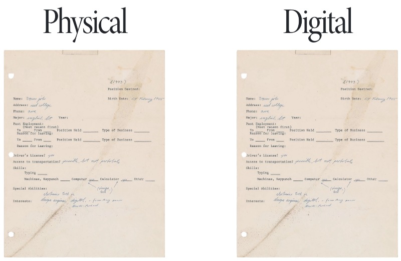 Ilustración: El cuestionario de contratación firmado  por Steve Jobs puesto en venta (original + digital)
