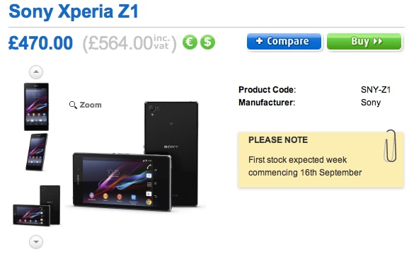 Sony Xperia Z1 già nel catalogo di Clove UK per 564£ (670€) da metà settembre