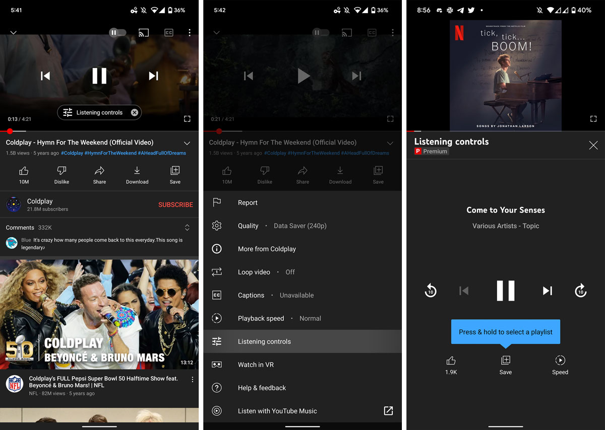 YouTube Premium en Android, iOS agrega controles de escucha