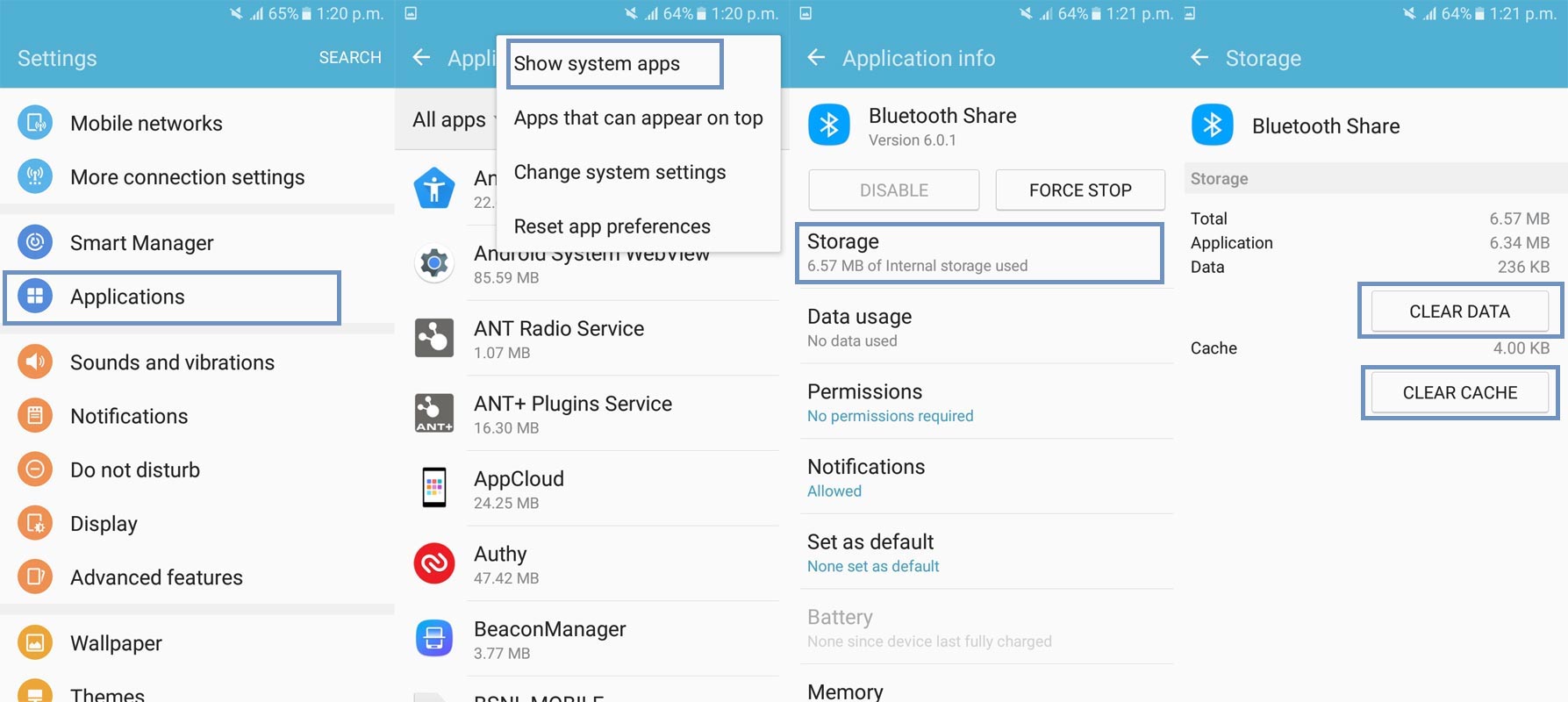 Borrar datos de caché en la aplicación Bluetooth Android