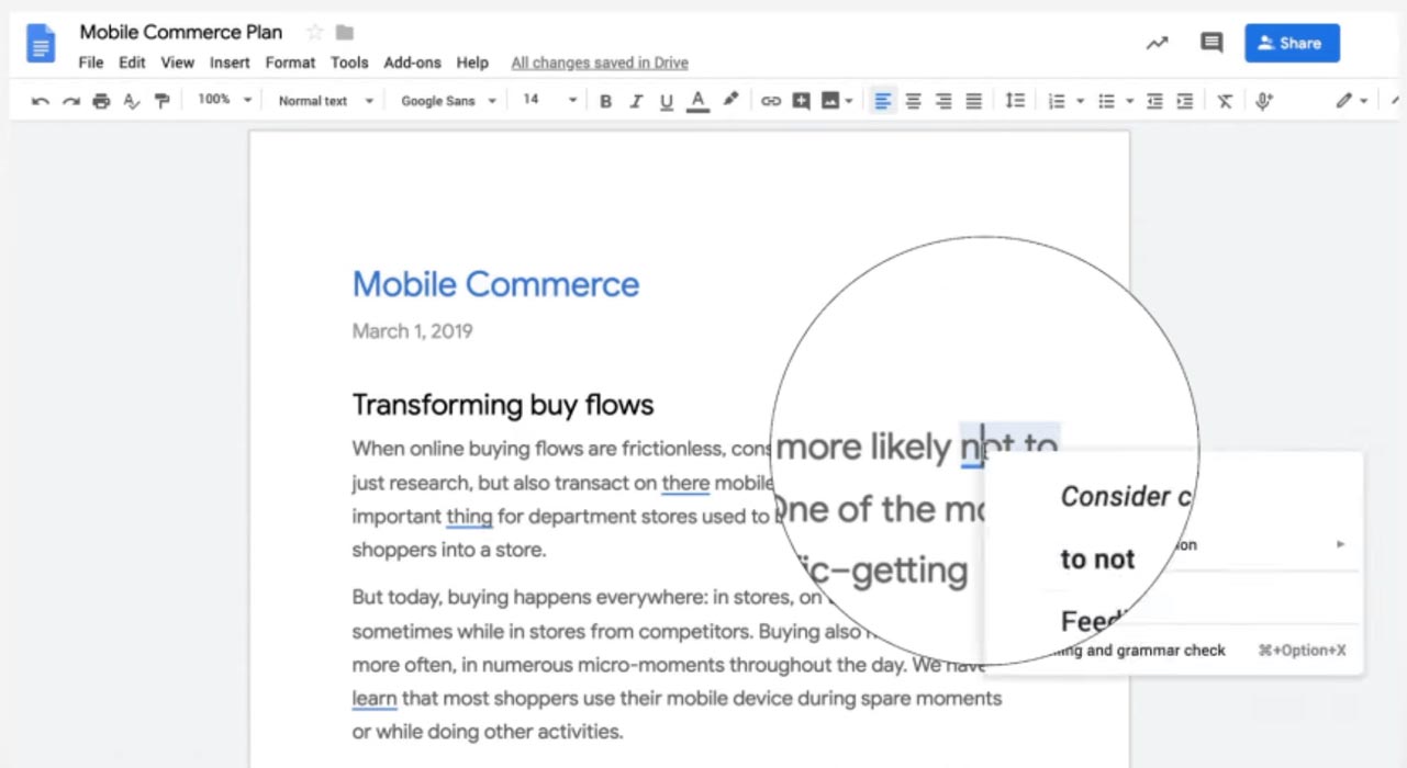 Demostración de revisión ortográfica y gramatical de Google Docs