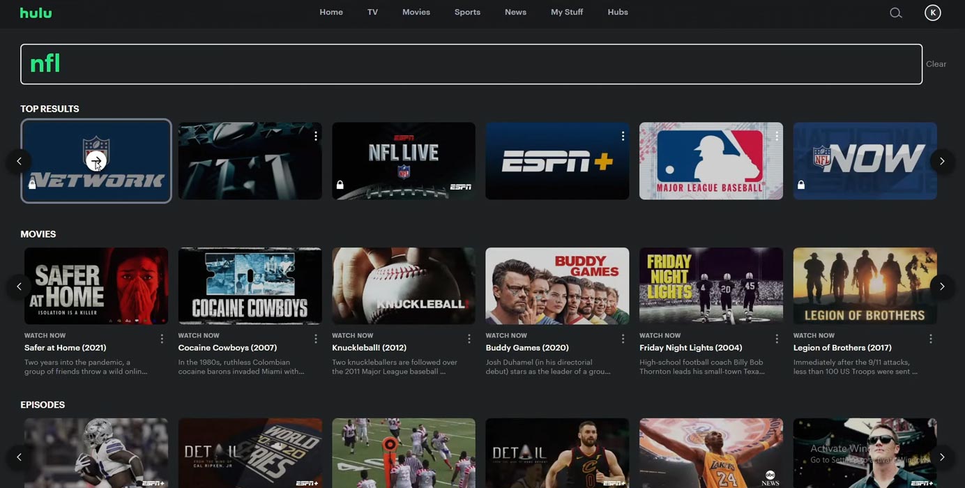 Captura de pantalla en vivo de Hulu NFL