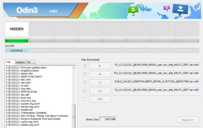 Captura de pantalla del software ODIN
