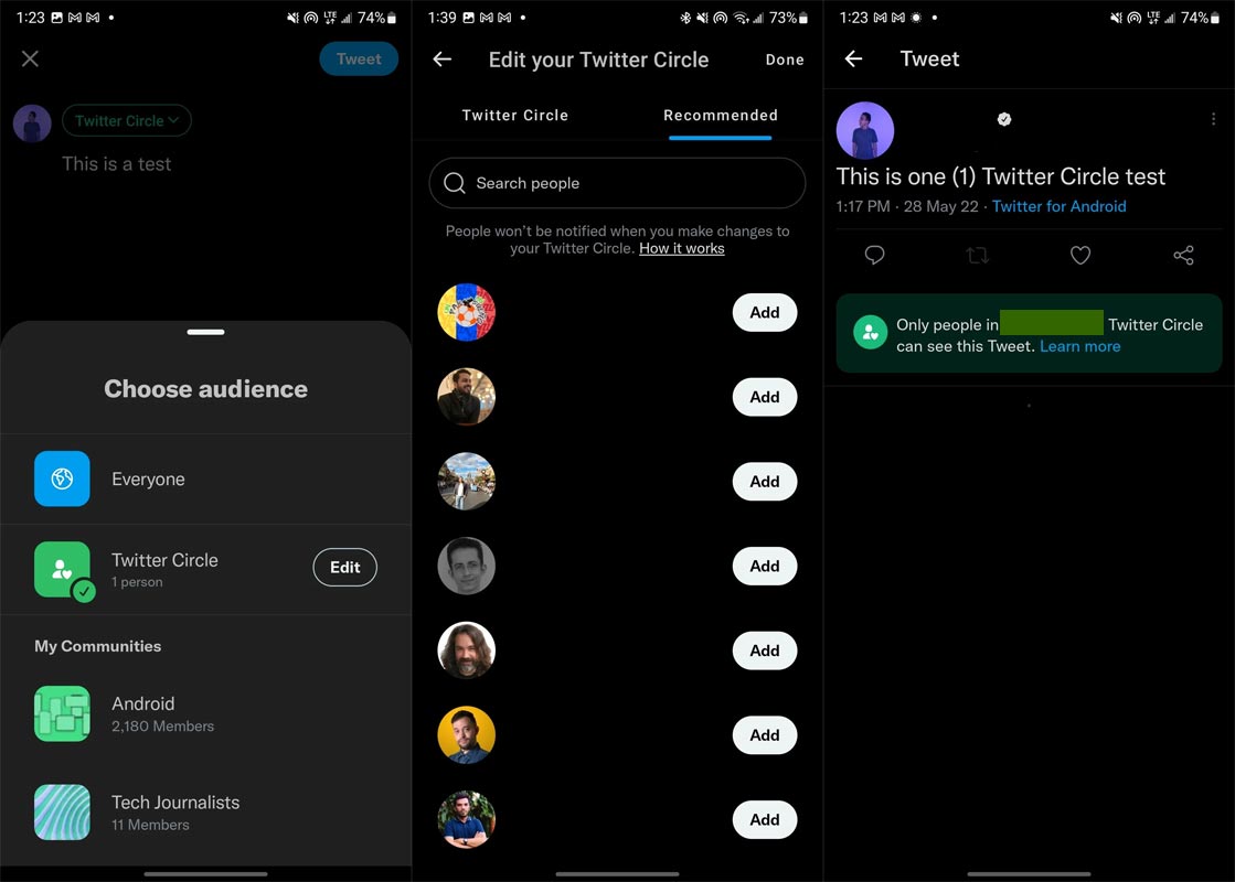 Creación de círculos de Twitter en la aplicación de Android