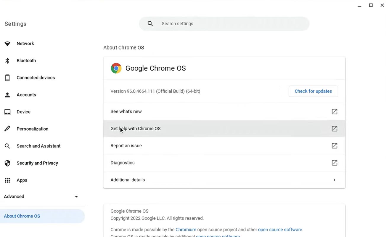 Actualización de Google Chrome OS usando opciones integradas