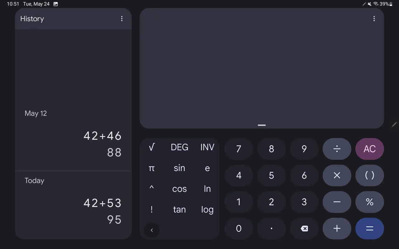 Interfaz de usuario de la tableta de la calculadora de dos columnas de Google