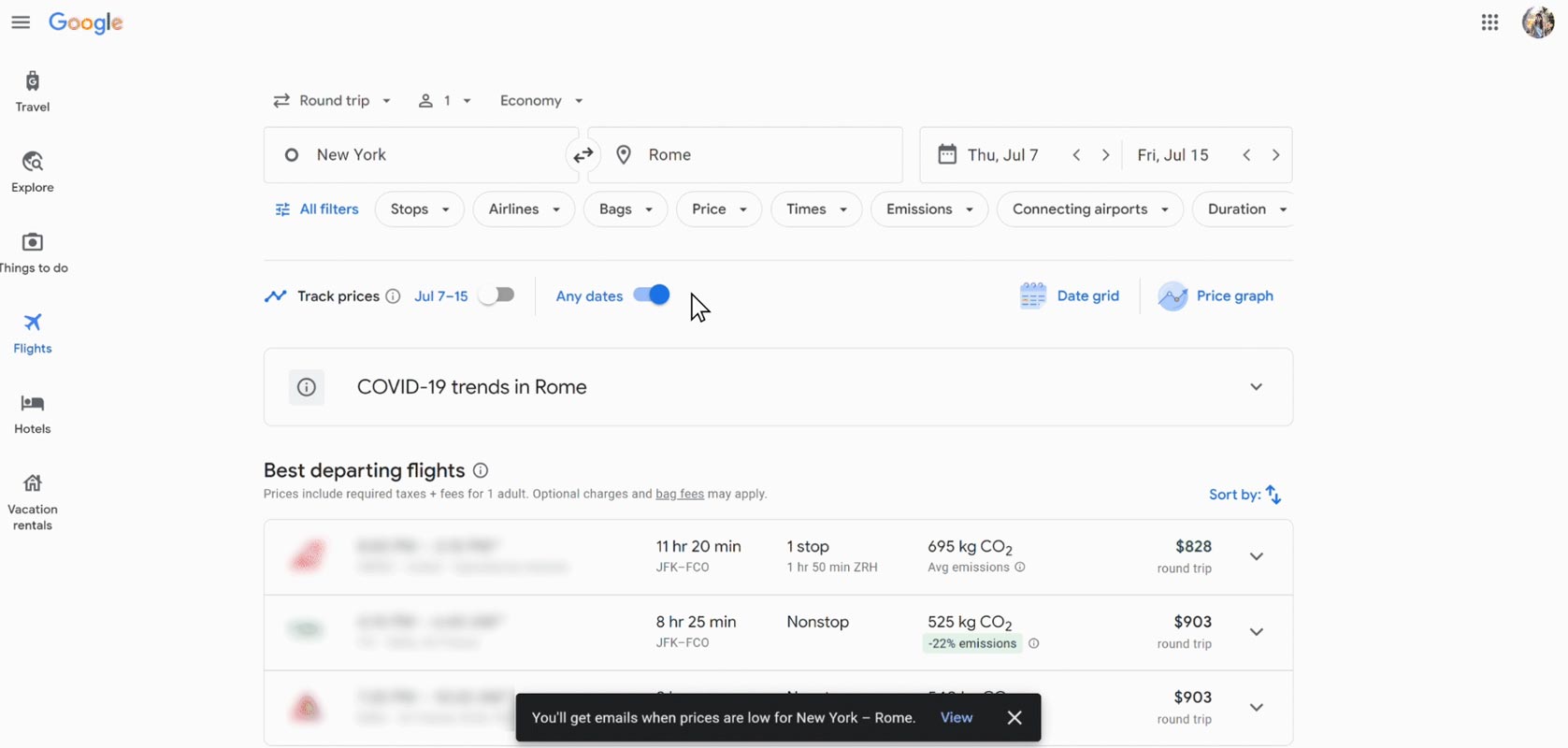 Configuración de alertas de precios de vuelos de Google