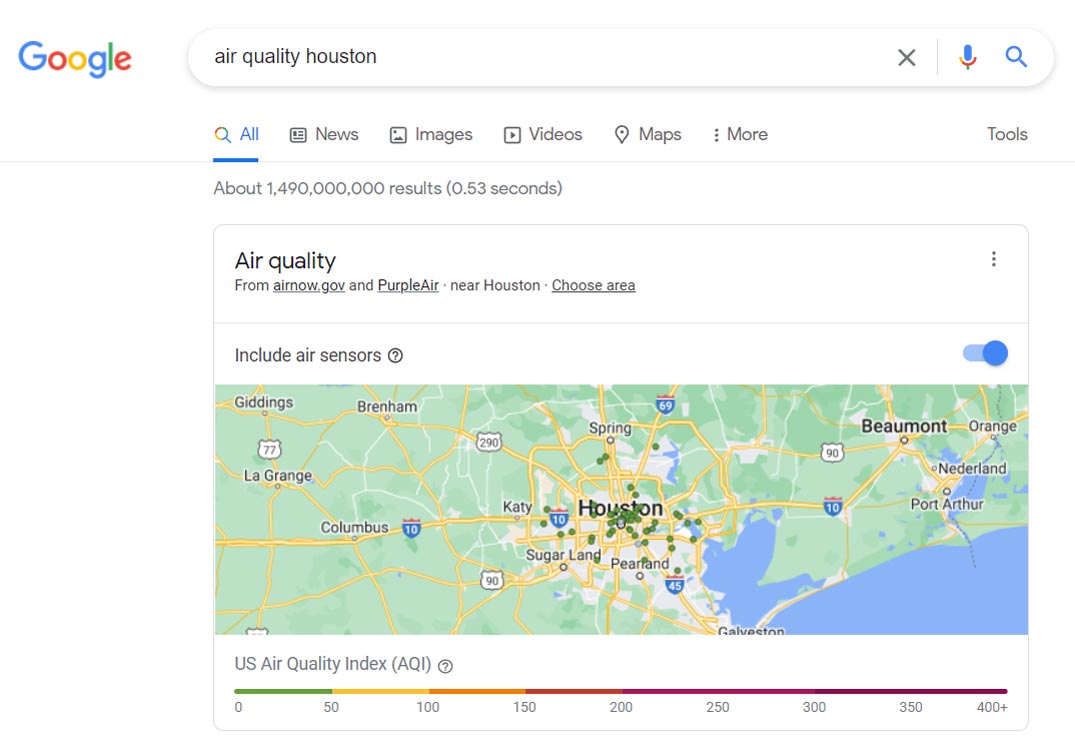 Resultado de la calidad del aire de búsqueda de Google