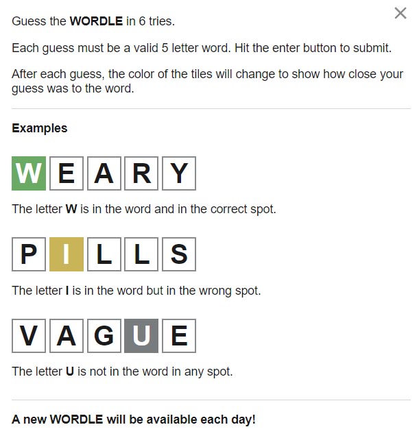 Captura de pantalla de las instrucciones del juego de Wordle