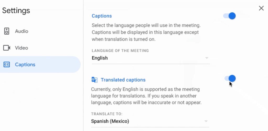 Opciones de subtítulos traducidos en vivo Google Meet