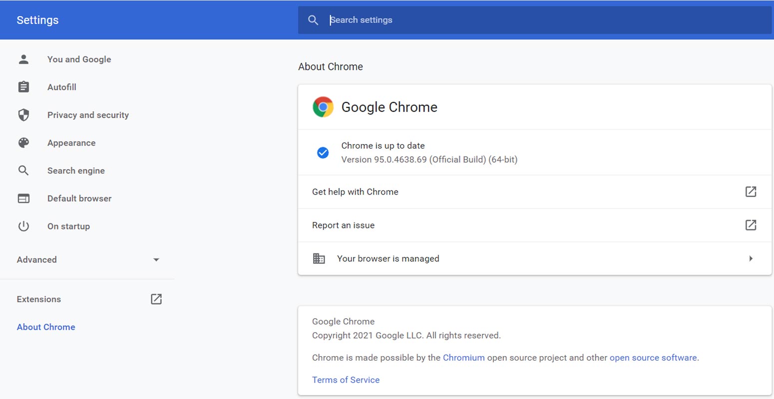 Versión de actualización de Google Chrome