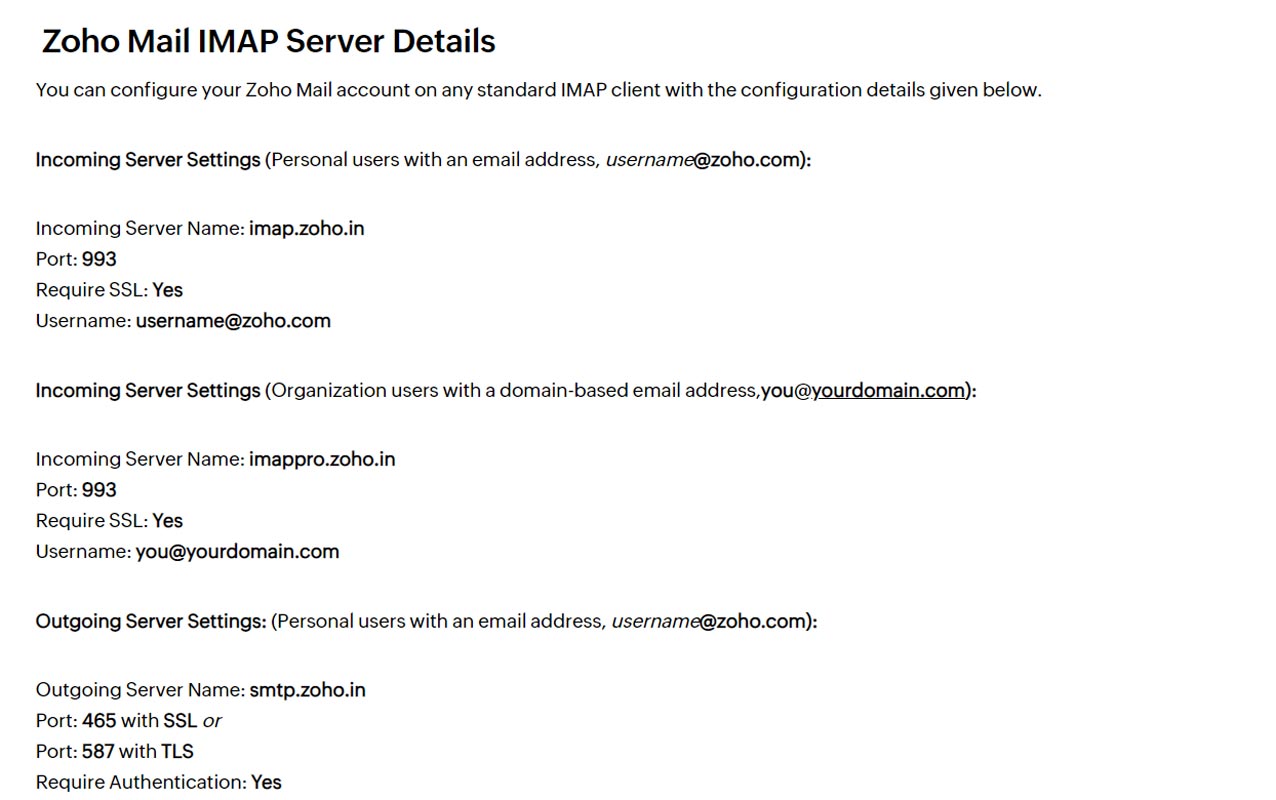 Configuración de SMTP de IMAP de correo electrónico de Zoho