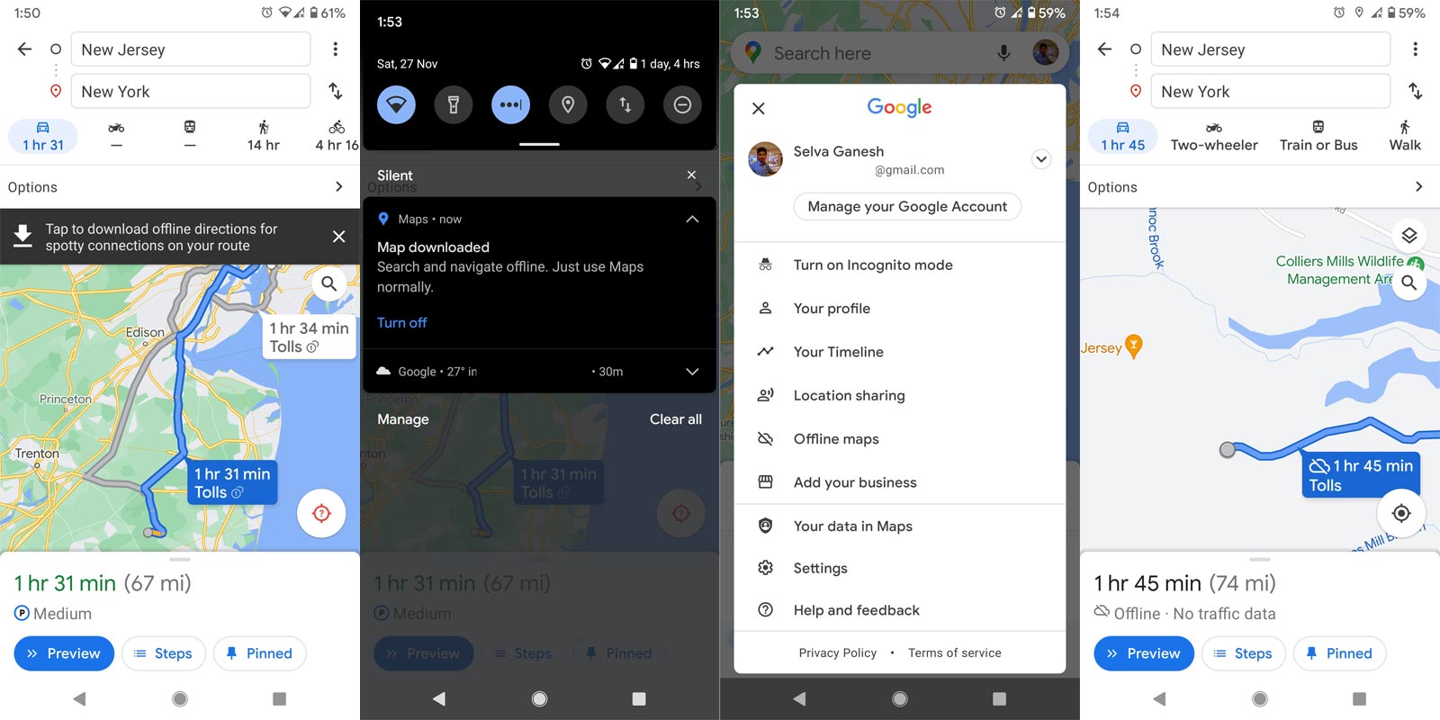 Capturas de pantalla de la aplicación Google Maps para Android sin conexión