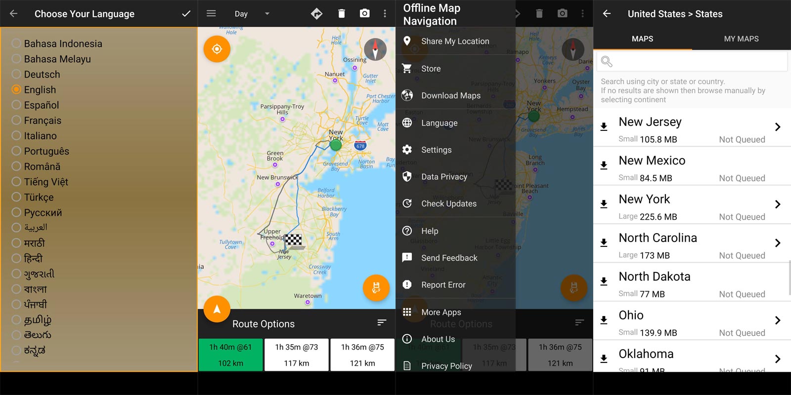 Capturas de pantalla de la aplicación de navegación de mapas sin conexión