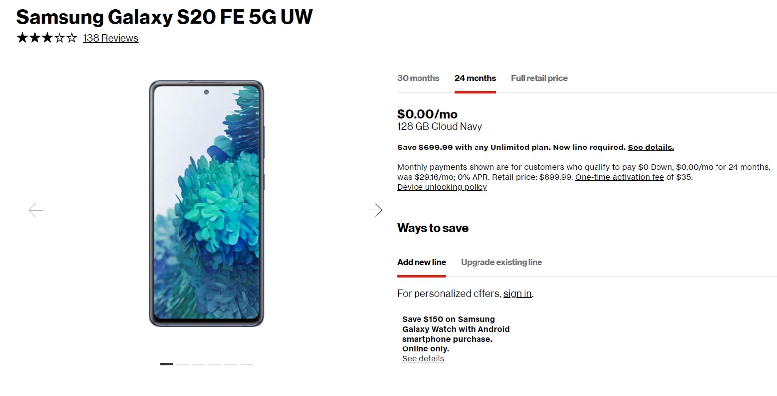 Samsung Galaxy S20 FE 5G UW gratis con Verizon Wireless Nueva conexión