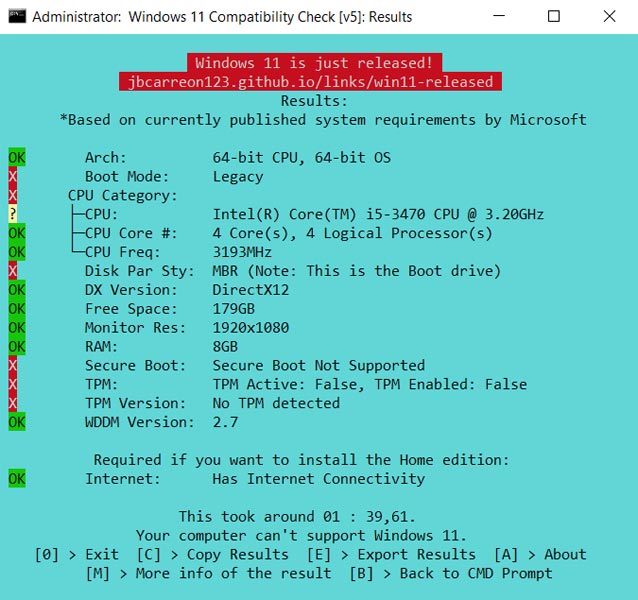 Secuencia de comandos de comprobación de compatibilidad de Windows 11