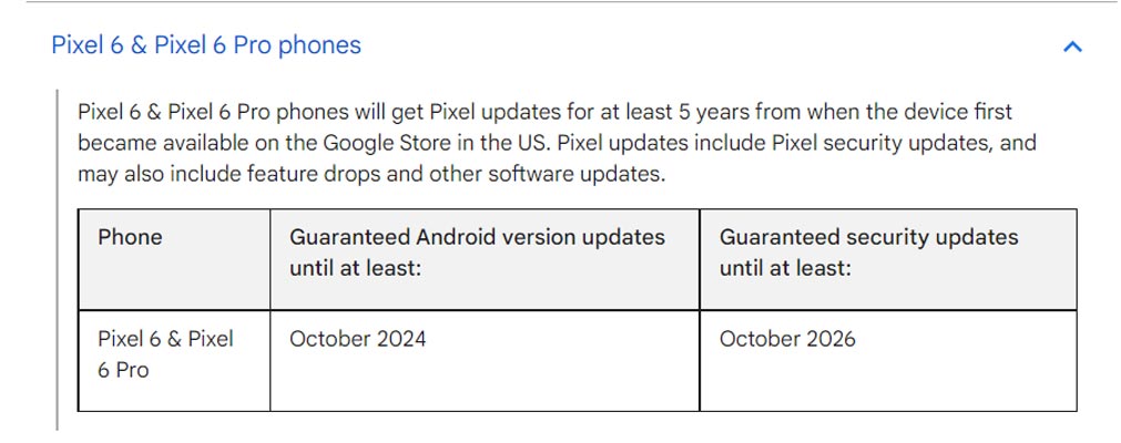 Google Pixel 6 y 6 Cinco años de actualizaciones OTA