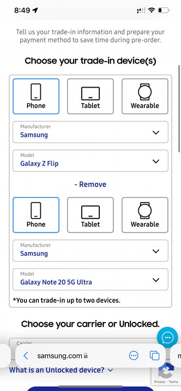 Intercambio de dos móviles o dispositivos Samsung Galaxy Z Fold 3 Z Flip 3 Pedido