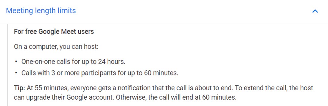 Límite de llamadas de Google Meet después de 60 minutos de vencimiento