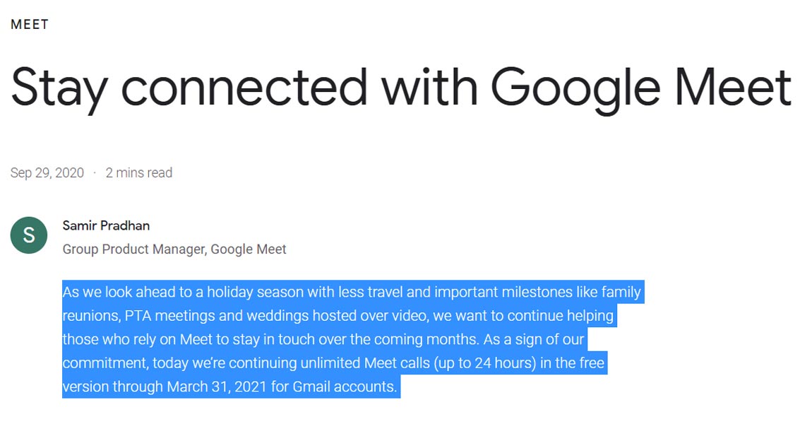 Declaración de llamadas ilimitadas de Google Meet
